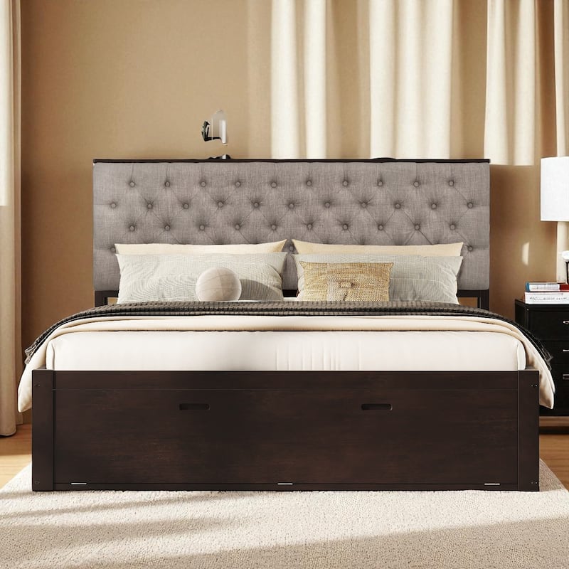 Queen Size Wooden Platform Bed with Upholstered Headboard, 4 Drawers, Storage Shelves & Shoe Rack