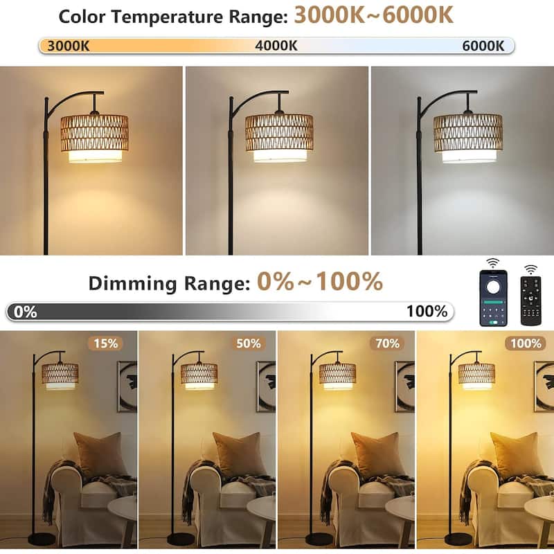 Floor Lamp with 3 Color Temperatures,Farmhouse Floor Lamps with Remote & Dimmable Bulb,Boho Standing Lamp with Rattan