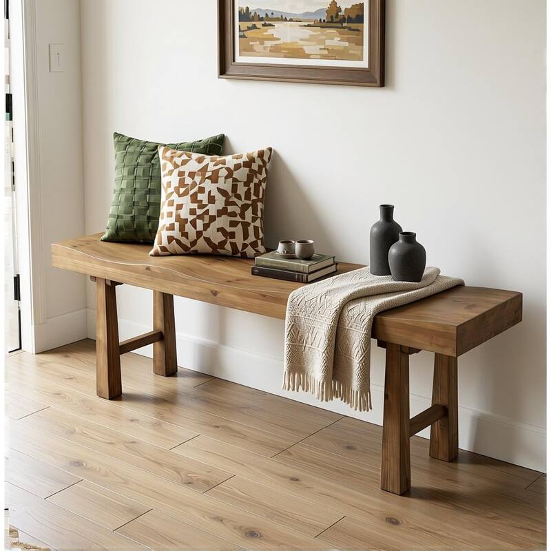 55" Rustic Solid Wood Entryway Bench, Wave-Top Design, Easy Assembly