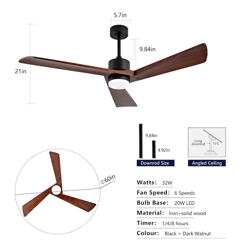 60 Inch Ceiling Fan with Light and Remote, 3 Walnut Solid Wood Blades, Quiet DC Motor, 6-Speed 5000 CFM - Black + Dark Walnut