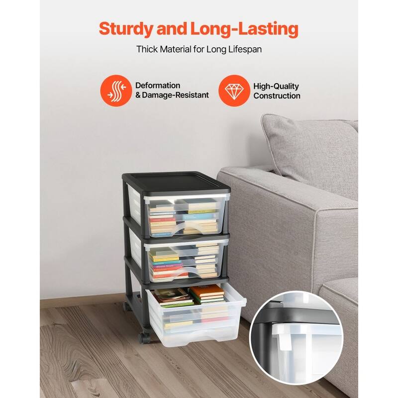Multi-Purpose Plastic Storage Drawers with Transparent Front and Rolling Cabinet for Bedroom or Kitchen
