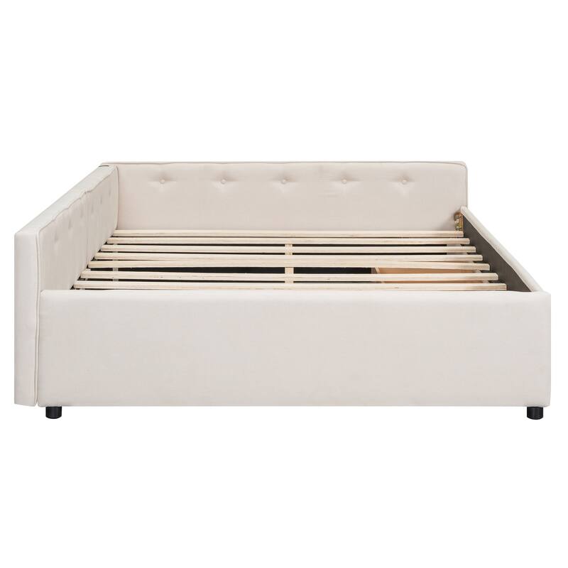 Beige Queen Size Modern Upholstered Platform Bed with USB and Two Drawers