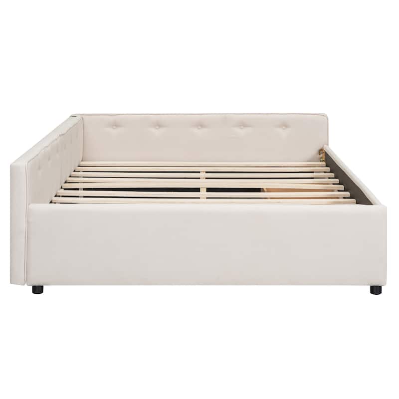 Roomfitters Full/Queen Size Upholstered Platform Bed with USB Port and Storage Base, Beige