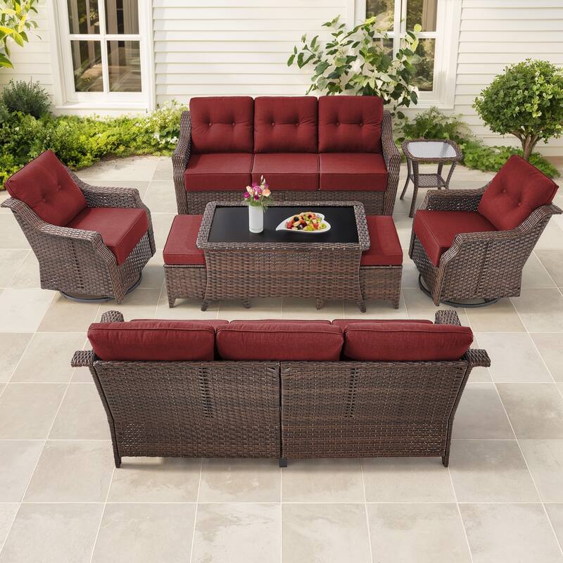 Gymojoy 9-Piece Wicker Patio Furniture Set, 6-inch Thick Cushioned & UV-Resistant, Outdoor Sofa & Chiar Set for Garden - Brown Wicker / Red Cusion - 7-Piece
