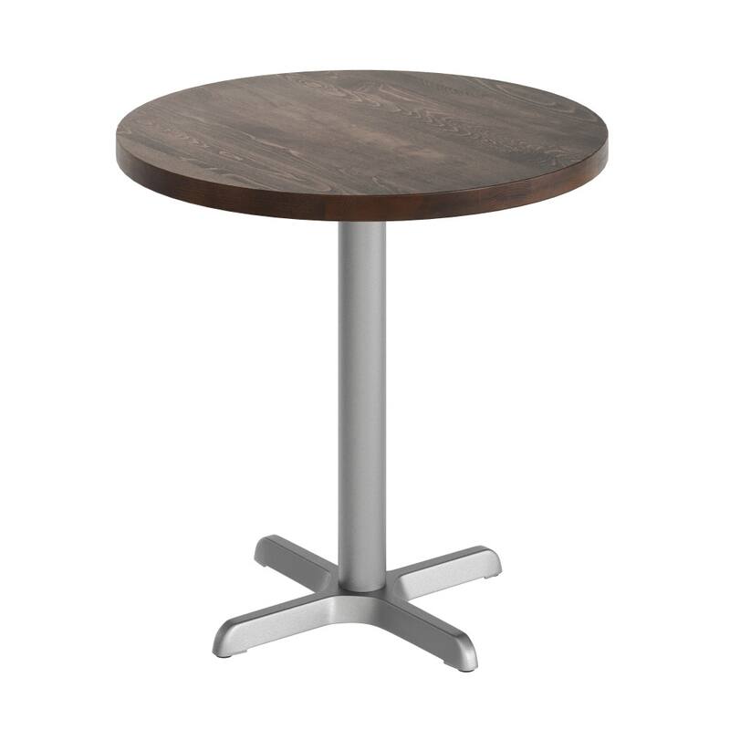 Round Solid Wood Commercial Tabletop with 22" x 22" Table Height X-Base - 30"W x 30"D x 29.5"H - Dark Brown Top/Silver Base