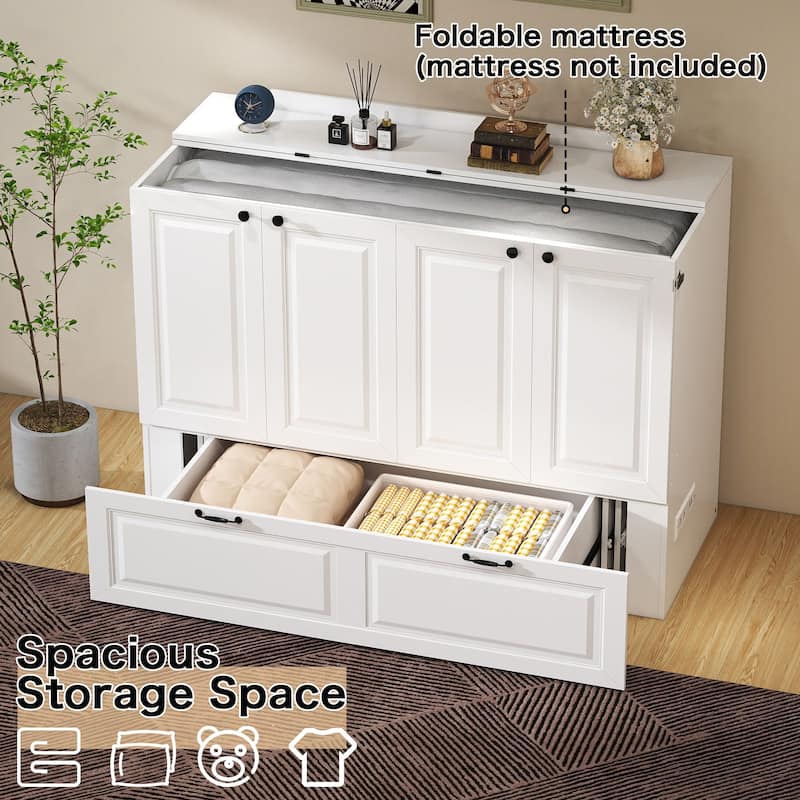 Murphy Bed Cabinet with Charging Port and Storage Drawer, White