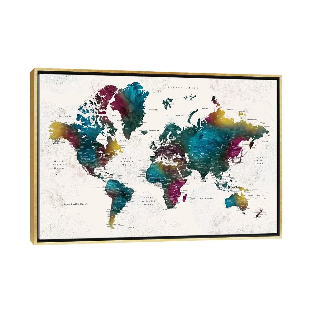 iCanvas "Charleena Detailed Watercolor World Map With Cities" by blursbyai Framed Canvas Print