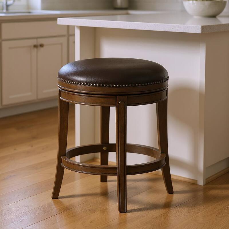 HomeRoots 26" Brown Faux Leather and Solid Wood Backless Counter Height Swivel Bar Chair - Counter Height - Brown - Single