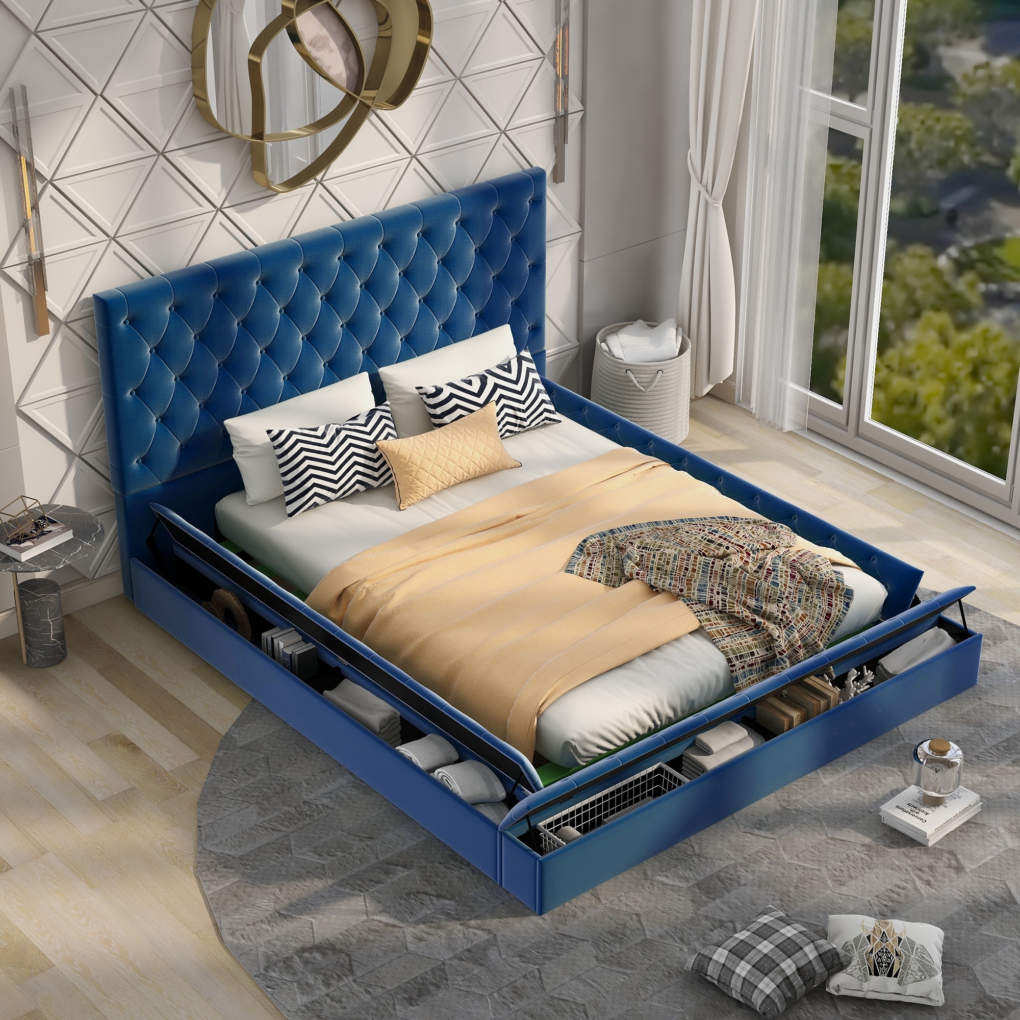 Upholstered high outlet profile platform bed