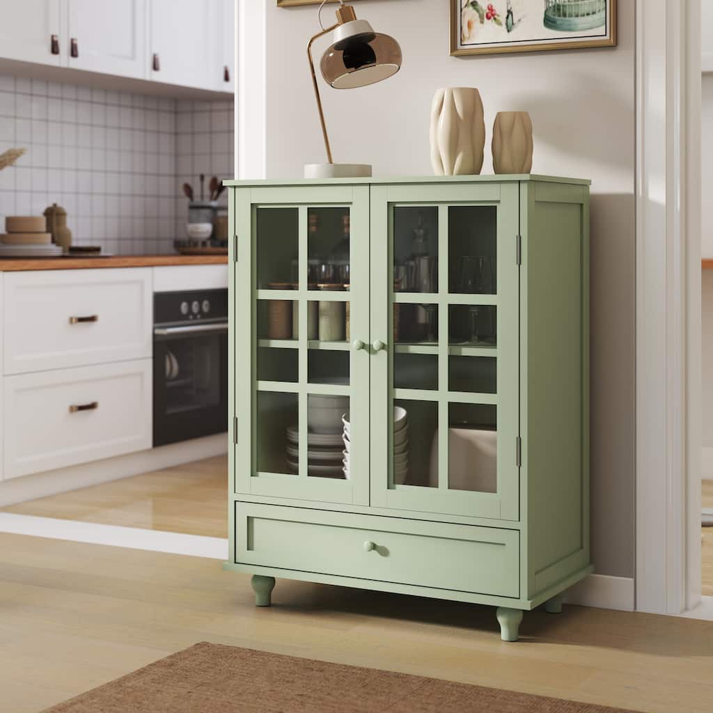 Anmytek Mint Green Vintage Glass Door Cabinet Kitchen Buffet Sideboard Living Room Display Storage