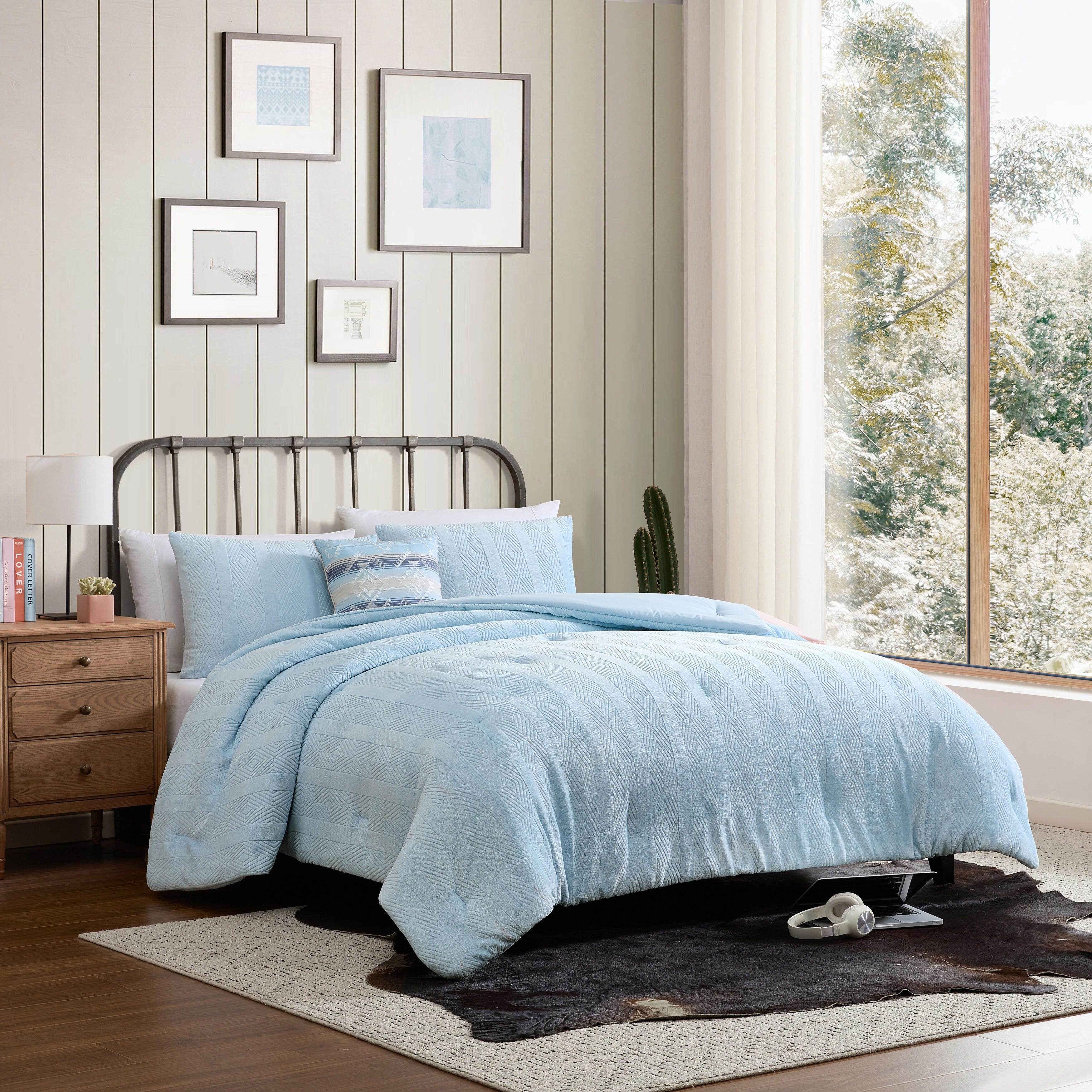 Wrangler Diamond Textured Embossed Plush Comforter Set Soft Reversible (Blue)