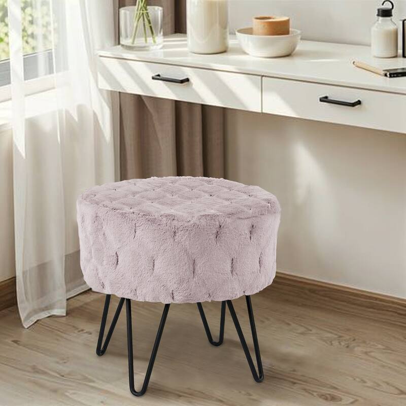 Jacquard Solid Fauxfur Round Ottoman - 18" x 18" x 18" - Sepia Rose