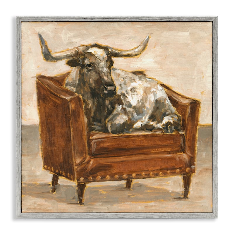 Stupell Brown Bull Resting in Orange Brown Chair Painting Framed Wall Art - 17 x 17 - Grey