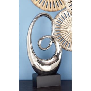 Sleek Ceramic Swirl Abstract Sculpture with Black Wooden Base - Silver or White