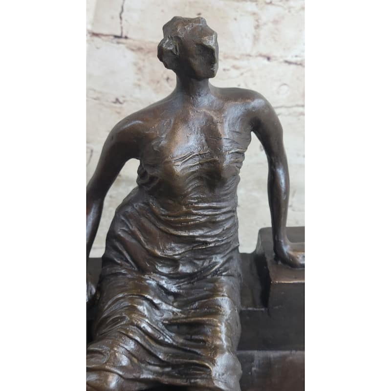 Woman On Bench By Henry Moore Abstract Modern Art Bronze Statue Sculpture Marble Base 9 Inches X 8 Inches