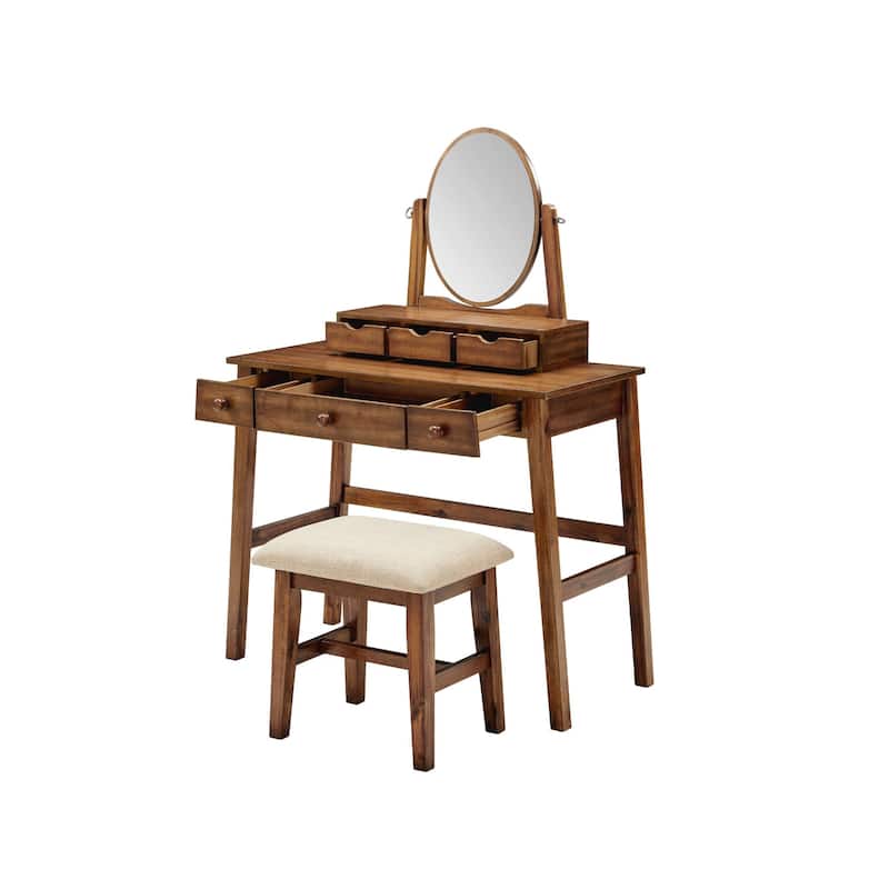 51.75" Walnut Brown Vanity Set with Tilt Mirror and Stool