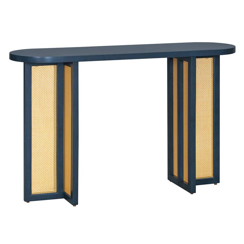 Farmhouse Rattan Console Table with Oval Top, Narrow Entryway Table Hallway Table Living Room Accent Table