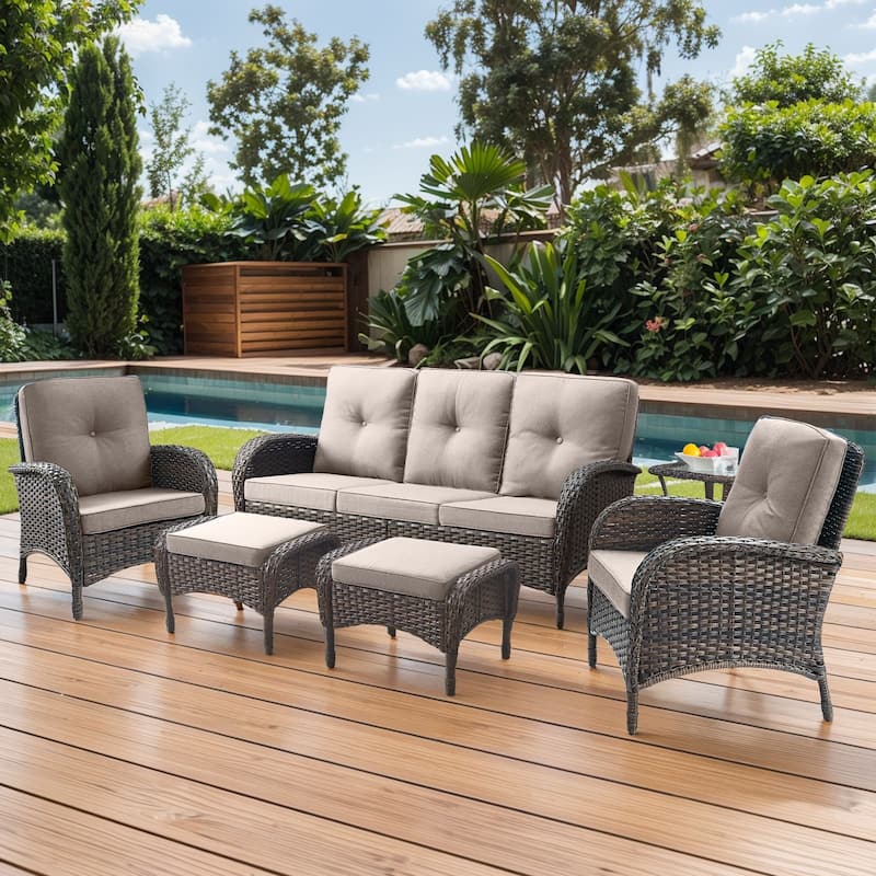 Gymojoy 6-Piece Outdoor Wicker Patio Furniture with 3 Seat Sofa, Rattan Coversation Set with Water Resistant Cushions