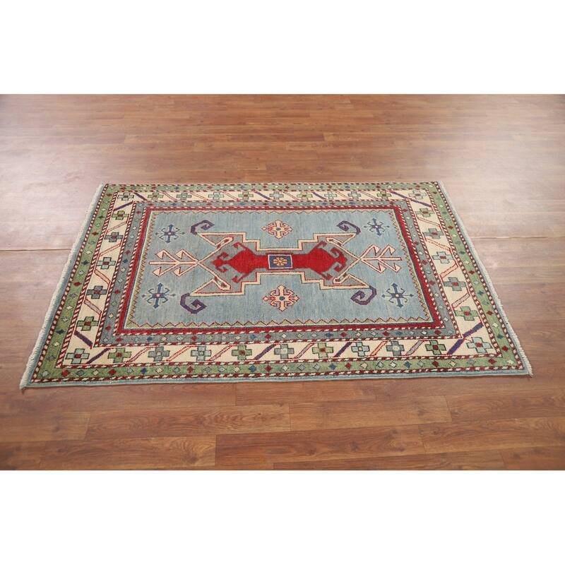 Light Blue Geometric Kazak Accent Rug Handmade Wool Carpet - 3'3" x 4'11"