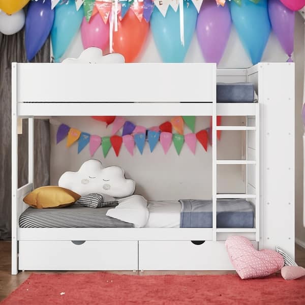 slide 2 of 18, Twin over Twin Multi-function Bunk Bed With 2 Drawers And Multi-layer Cabinet,Solid Construction