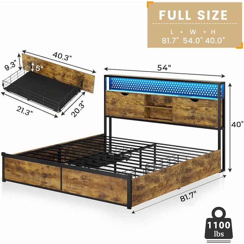 Bed Frame Hidden Storage Headboard 2-Tier Built-in LED Lights Metal