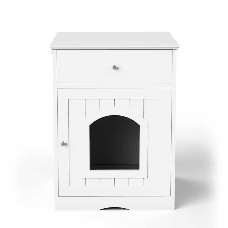 Wooden Pet House Cat Litter Box Enclosure with Drawer, Side Table, Indoor Pet Crate, Cat Home (White)