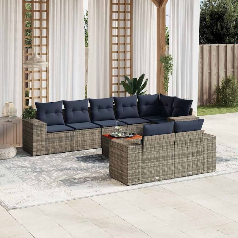 vidaXL 9 Piece Patio Sofa Set with Cushions Gray Poly Rattan - 122x33.5x65.4