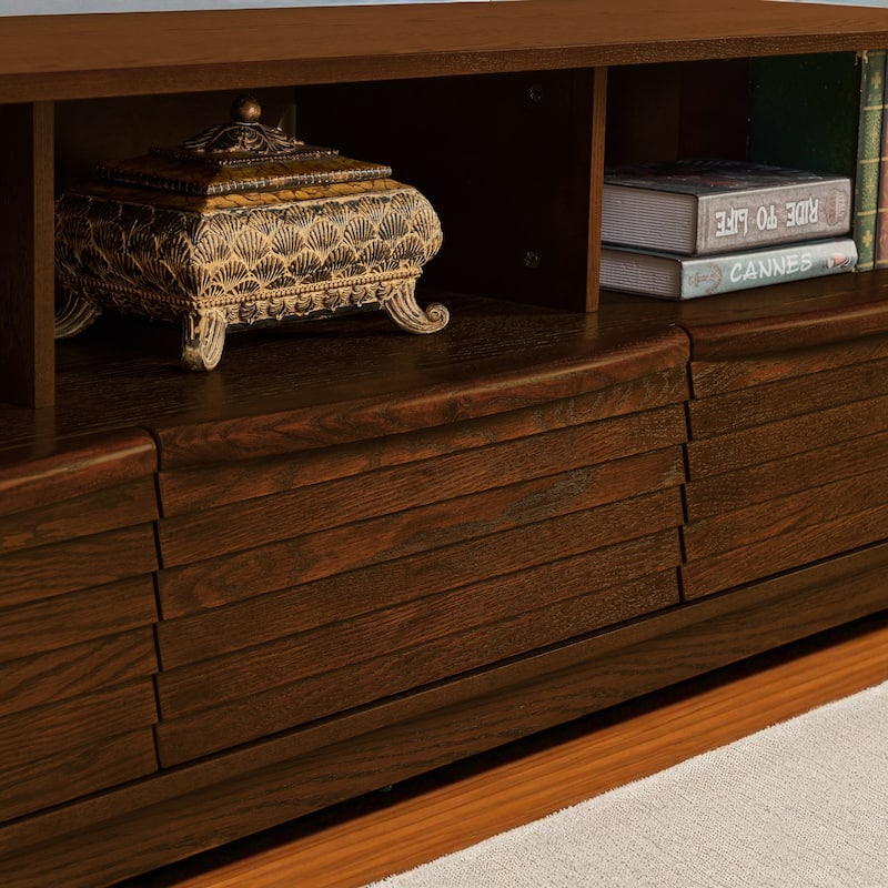 63" Mid-Century Modern TV Stand for TVs up to 75", Farmhouse Media Console with Louver Design, Drawers & Outlet Holes