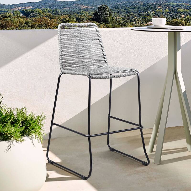 Shasta Black Steel and Rope Indoor Outdoor Bar Height Stackable Patio Bar Stools - Set of 2 - Bar Height