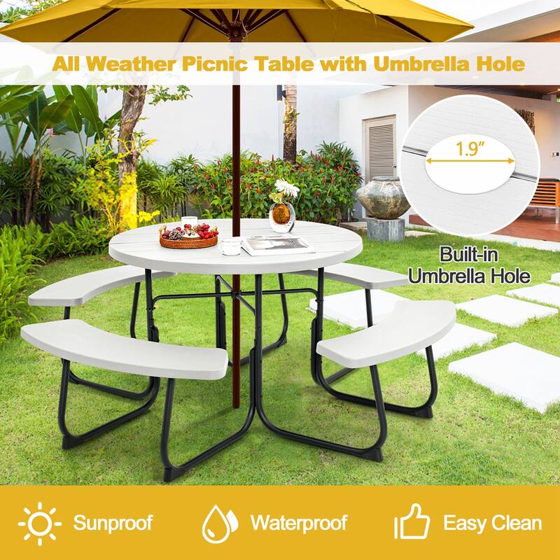 Costway Outdoor 8-person Round Picnic Table Bench Set with 4 Benches & - See Details