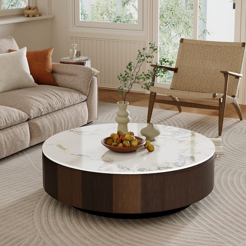 35" Modern Faux Marble Round Coffee Table, White Glossy Sintered Stone Tabletop - Brown - Marble