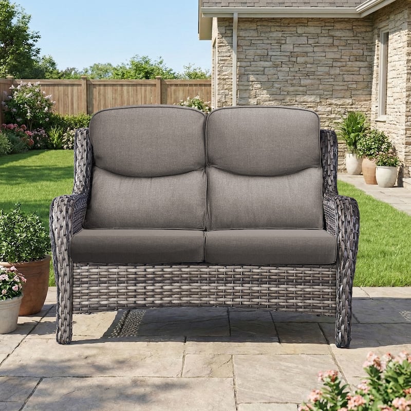 Pocassy Outdoor 2 Person Sofa Patio Loveseat with Comfy Cushions - Gray Wicker Gray Cushion - 1 Piece Loveseat Sofa with 5 Inch Cushion