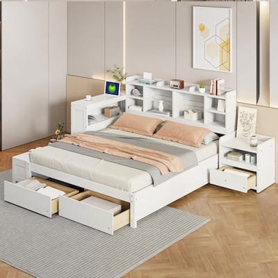 Wooden platform bed with Multi-functional Storage Space