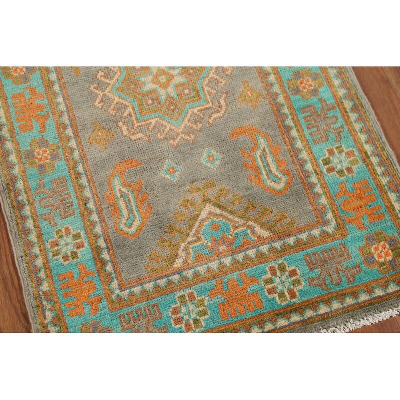 Gray Geometric Kazak Accent Rug Hand-Knotted Geometric Wool Carpet - 2'1"x 2'10"