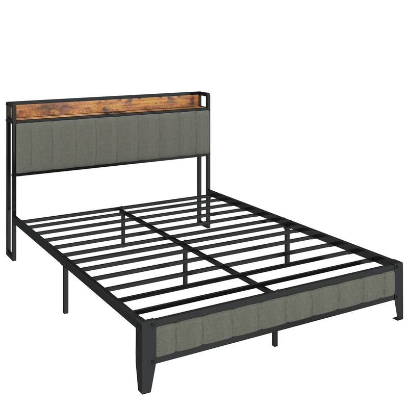 Queen Size Bed Frame with Charging, Upholstered Headboard, Metal Platform, Grey