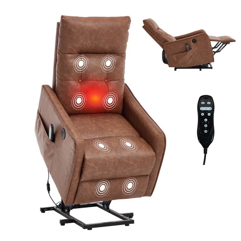 PU Leather Recliner with Single Motor Lift Massage Heat and 155 Degree Recline