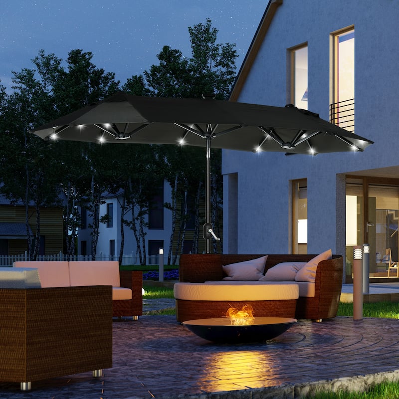 Outsunny Double-sided Patio Umbrella with Solar Lights and Sandbag Base, Outdoor Table Umbrella with Push Button Tilt, Crank