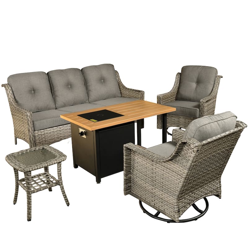OVIOS 5 Pieces Outdoor Wicker Curved Swivel Chair Set With Fire Table
