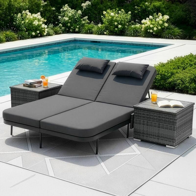 2-Person Outdoor Double Chaise Lounge with 2 Side Tables, Wicker Patio Reclining Daybed, Adjustable Backrests, 800 lb Capacity - Dark Grey