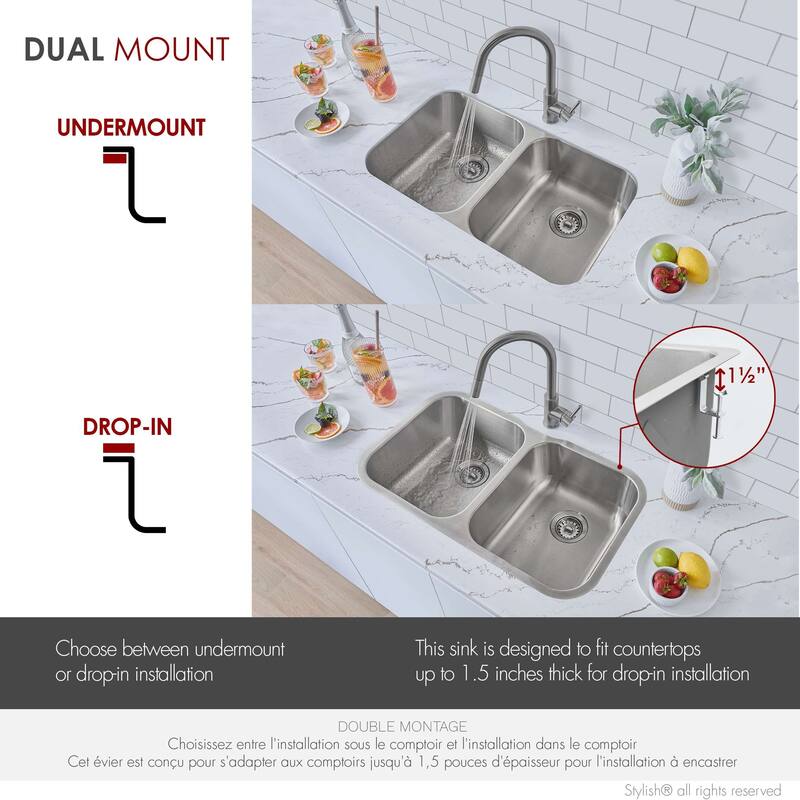 STYLISH Jaspel Dual Mount 31.25" Double-Bowl Kitchen Sink - 31.25" x 18" x 9"
