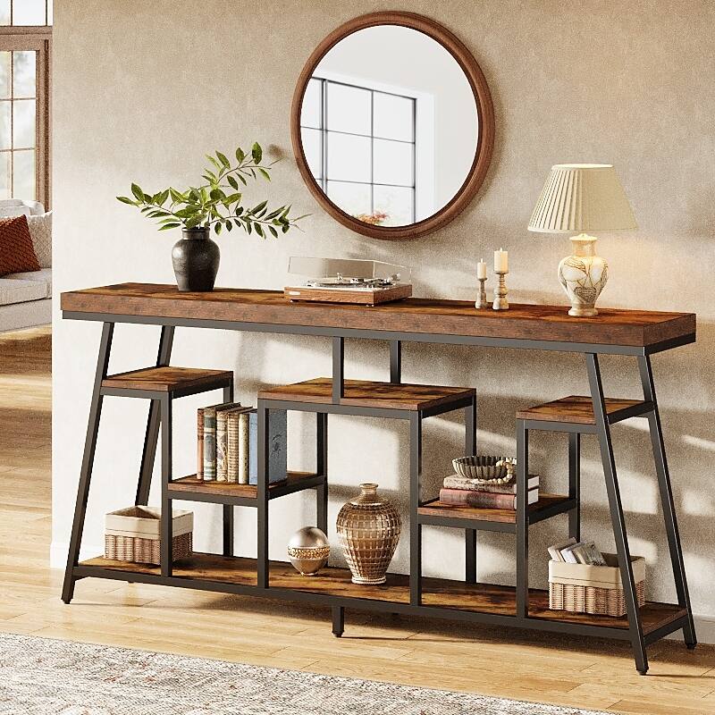 70.87-Inch Industrial Console Table for Entryway, Sofa Table with 7-Tier Storage Shelves - 13.78" D x 70.87" W x 33.46" H - Rustic Brown