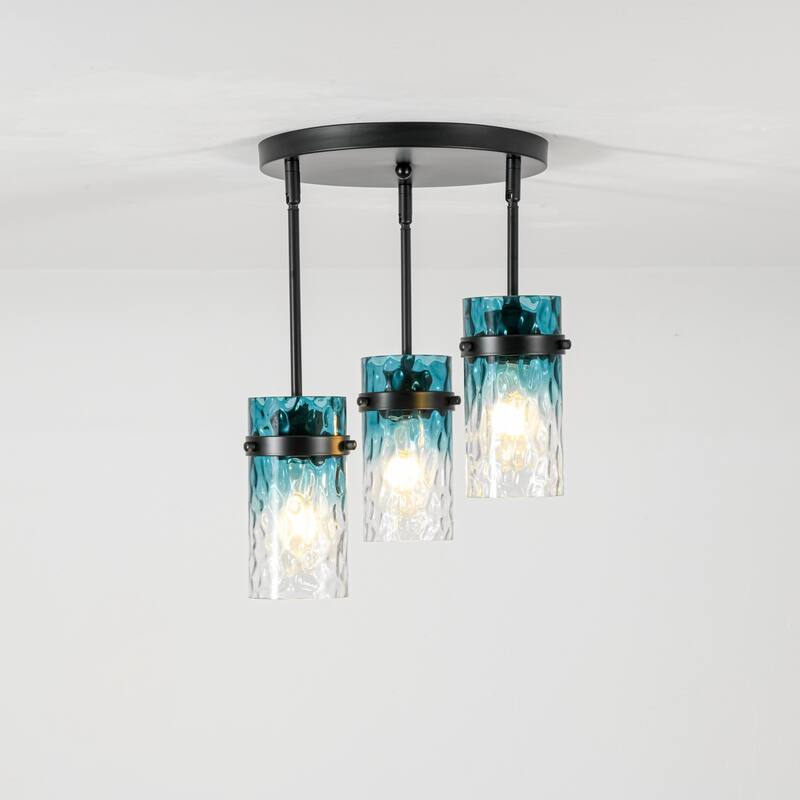 1/3-Light Coastal Matte Black Adjustable Pendant Light with Gradient Blue Hammered Cylinder Glass for Kitchen Island