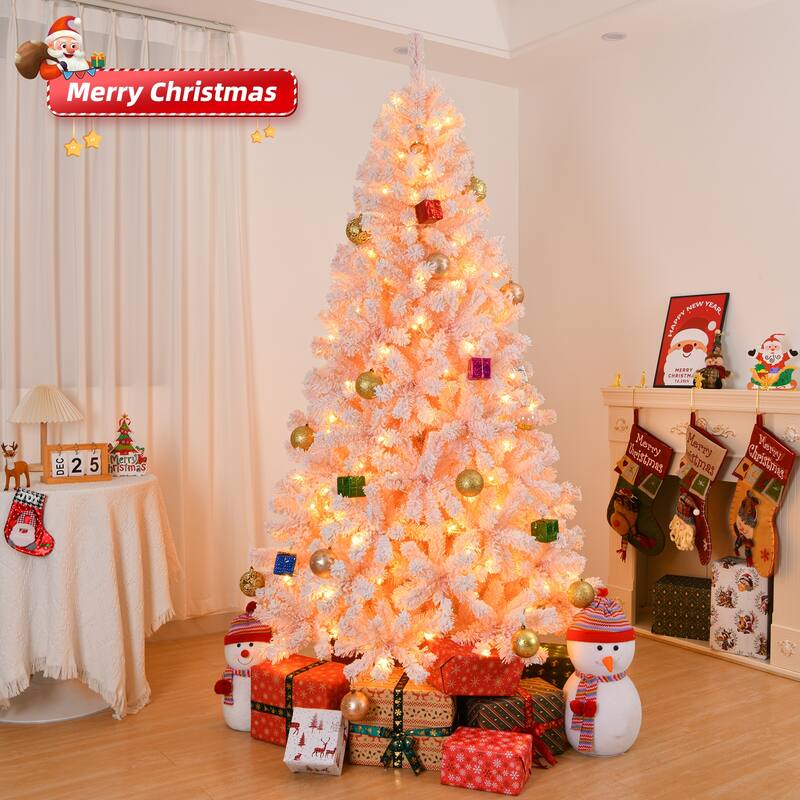 Artificial Snow-Flocked Christmas Tree with Thick Pine Branches and US Plug and Metal Stand