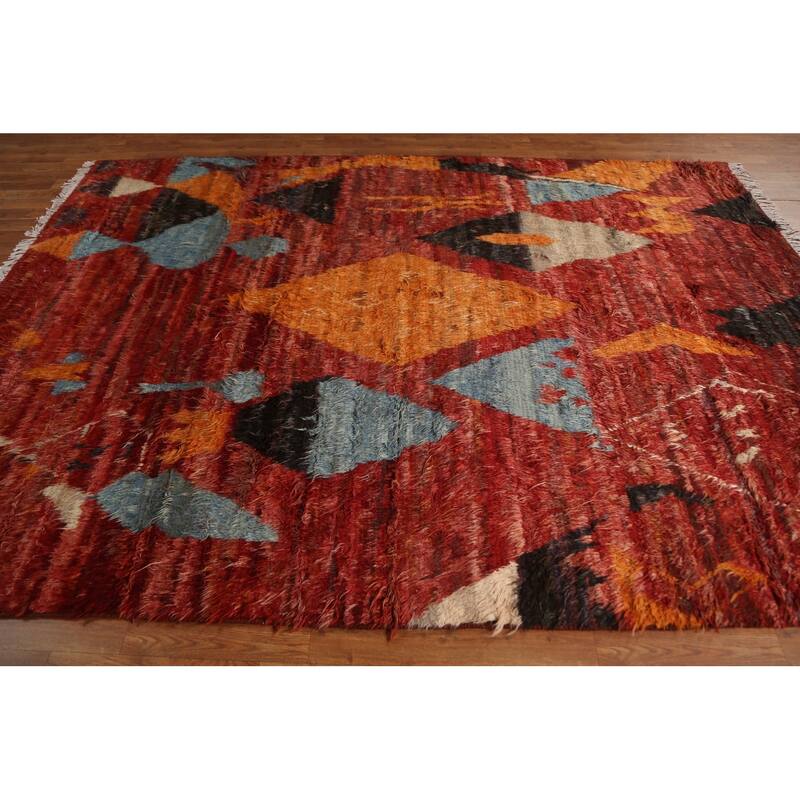 Hand Knotted Oriental 100% Wool Carpet Modern Tribal Red Moroccan Area Rug - 9' 9'' X 6' 10''