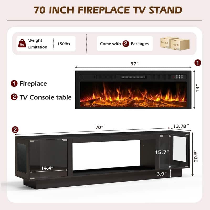 BOSSIN 80" Fireplace TV Stand with Adjustable LED Lights, Modern Entertainment Center with Glass Door Storage Cabinet, Black