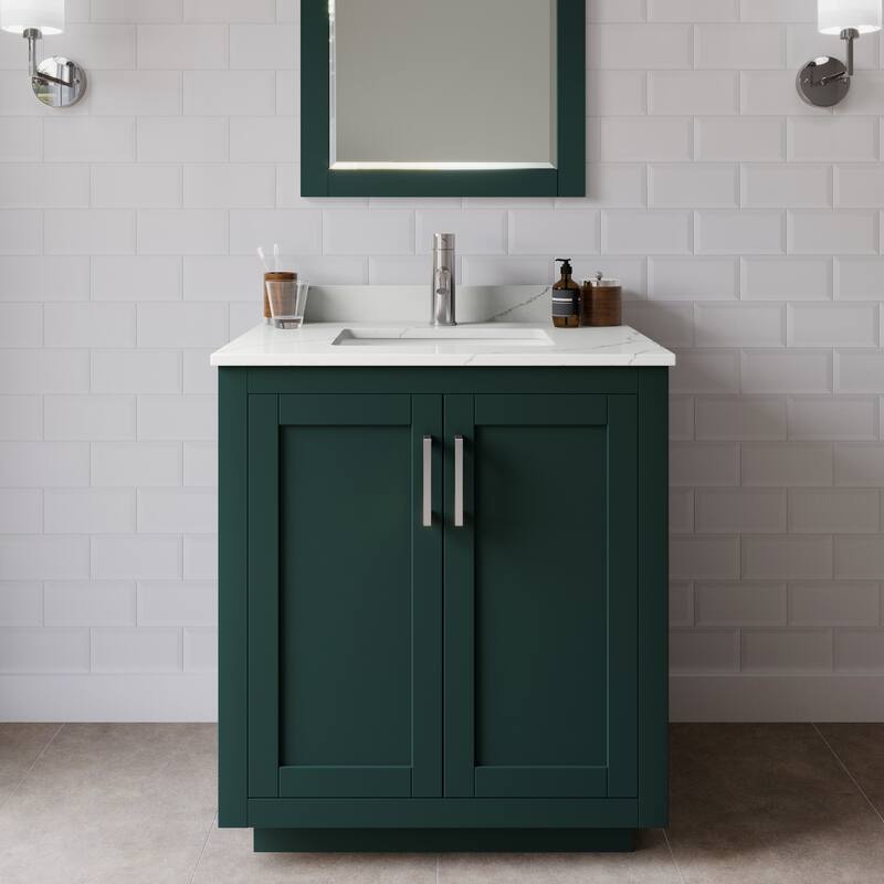 Wyndham Collection WCF292930S-QTZ-UNSM24 Miranda 30" Free Standing - Green / Giotto Quartz Top / Brushed Nickel