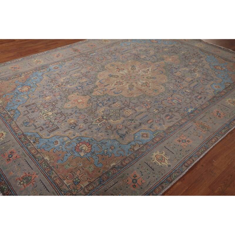 Gray Tabriz Persian Vintage Rug Hand-Knotted Wool Carpet - 8'0"x 10'10"