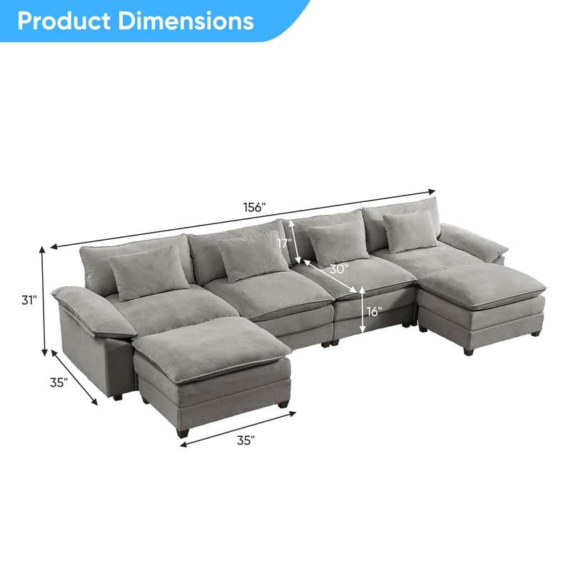 Modern 156''Oversized U-Shaped Modular Sectional Sofa with 2 Ottomans,6-Seat Cloud Couch,Chenille Sofa Sleeper Deep Seat Couches