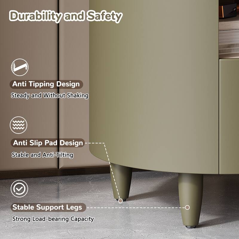 Modern Round Nightstand with Storage Drawer, Sofa End Table with Open Storage Shelf, Bedside Table with Curved Design