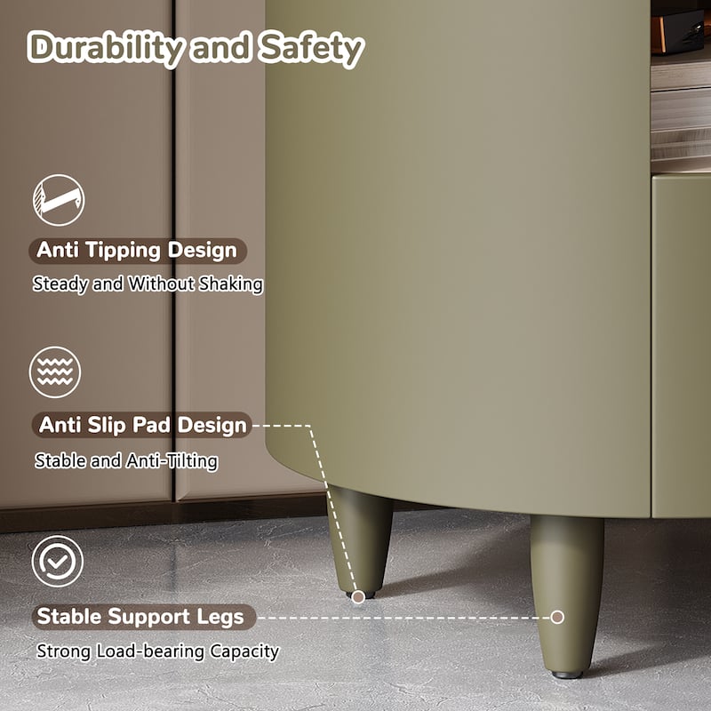 Round Nightstand with Drawer & Open Shelf, Nightstand with Leather Handle & Tapered Legs, Large Capacity Sofa Side Table
